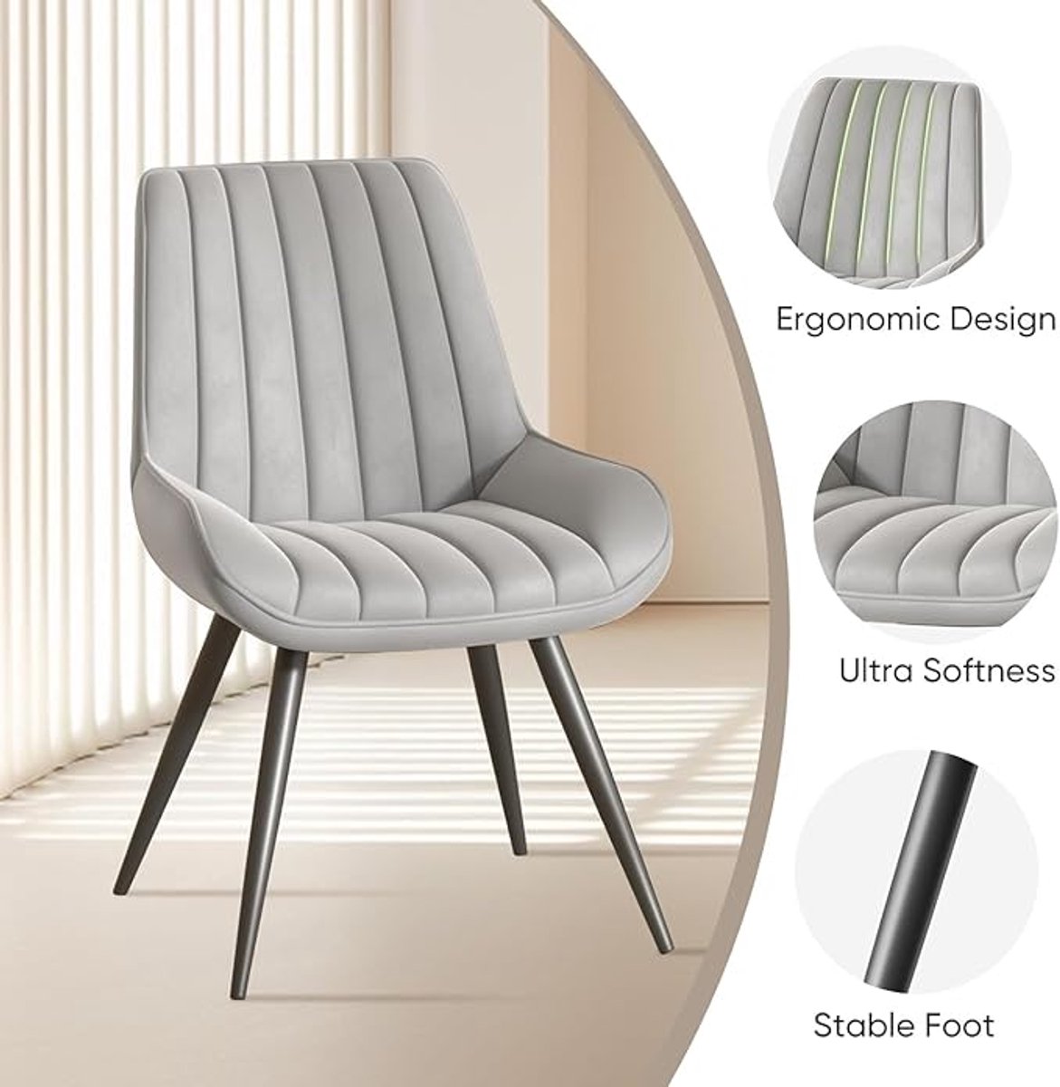 Eetkamerstoelen Set van 8 – Gestoffeerde Eetkamerstoelen met 10 cm Zitkussen, Ergonomische Rugleuning, Metalen Poten – 46,9 x 52 x 83,2 cm – Moderne Keukenstoelen – Grijs | Abkantoor