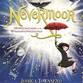 Een meisje met zwart haar en een rode paraplu in de lucht, onder een kraai, met de tekst 'Nevermoor Morrigan Crow en het Wondergenootschap' en 'Jessica Townsend'.