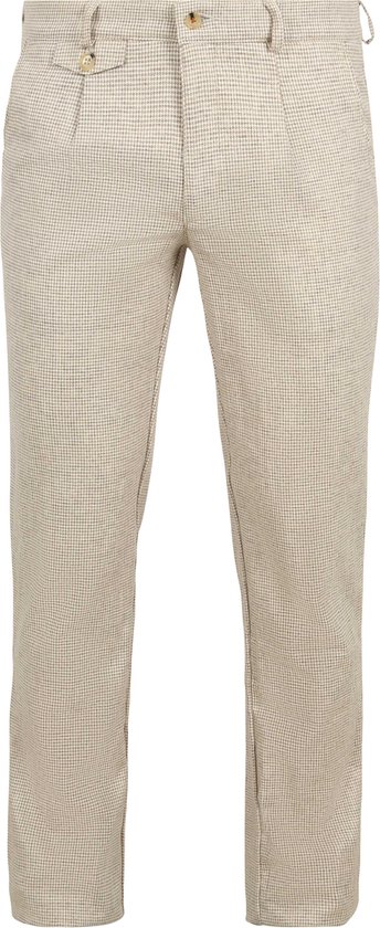 Voorkant van beige broek met pepitapatroon. Rits en twee knopen.