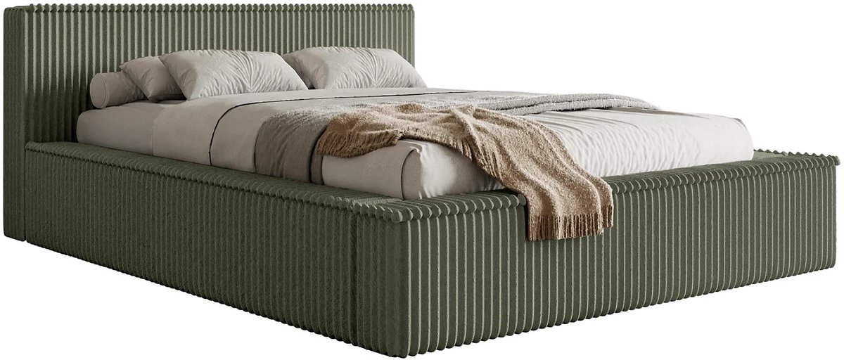Gestoffeerd Tweepersoonsbed 180x200 cm – Luxe Hoog Hoofdbord & Opbergladen – Comfortabel Tilia Corduroy Design – Incl. Lattenbodem – Groen – Abkantoor