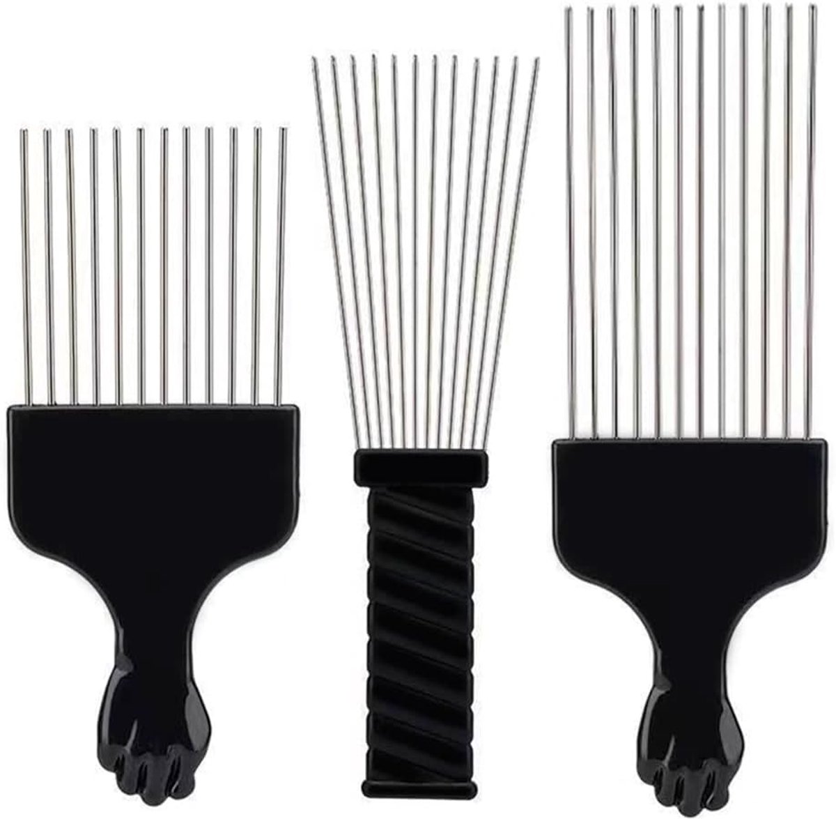 3x Metalen Afro Kam Set met Vuistgreep - Professionele Styling Tool voor Krullend Haar