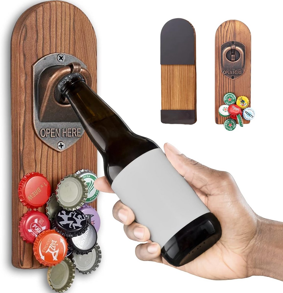 Flesopener, wandmagneet met opvangbak, vintage houten bieropener, muur met container, magnetische flesopener, unieke cadeau-ideeën, cadeaus voor mannen, kerstcadeaus