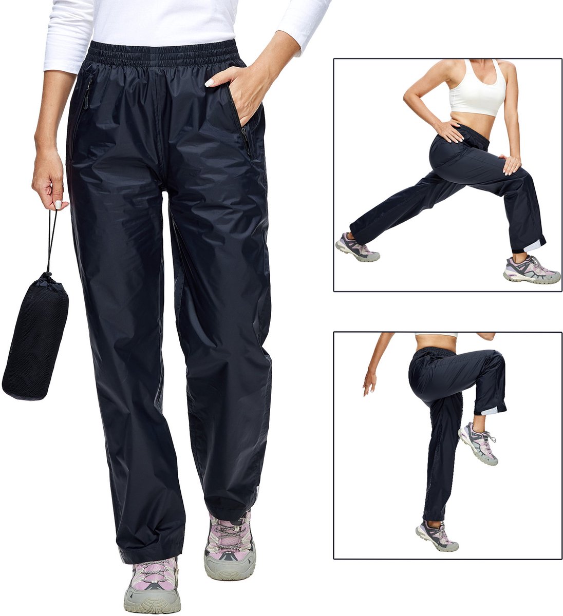 BUBW® Regenbroek Dames - Waterdicht & Ademend - Waterkolom 5.000 | 5.000 g/m² Ademend Vermogen - Met Reflecterende strepen - Inclusief opbergtas - Maat M - Zwart