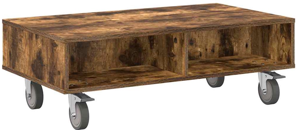 vidaXL Bijzettafel - met - wielen - Rook - Eiken - 90 - x - 50 - x - 30 - cm - Bewerkt - hout Gerookt eiken