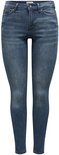 Middelhoge donkerblauwe skinny jeans, gedetailleerde voorkant met zakken en knoopsluiting.