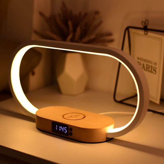 Dimbare Nachtlamp met Digitale Klok, Draadloze Oplader en USB Poort - Hout Look van Merkloos — afbeelding 5