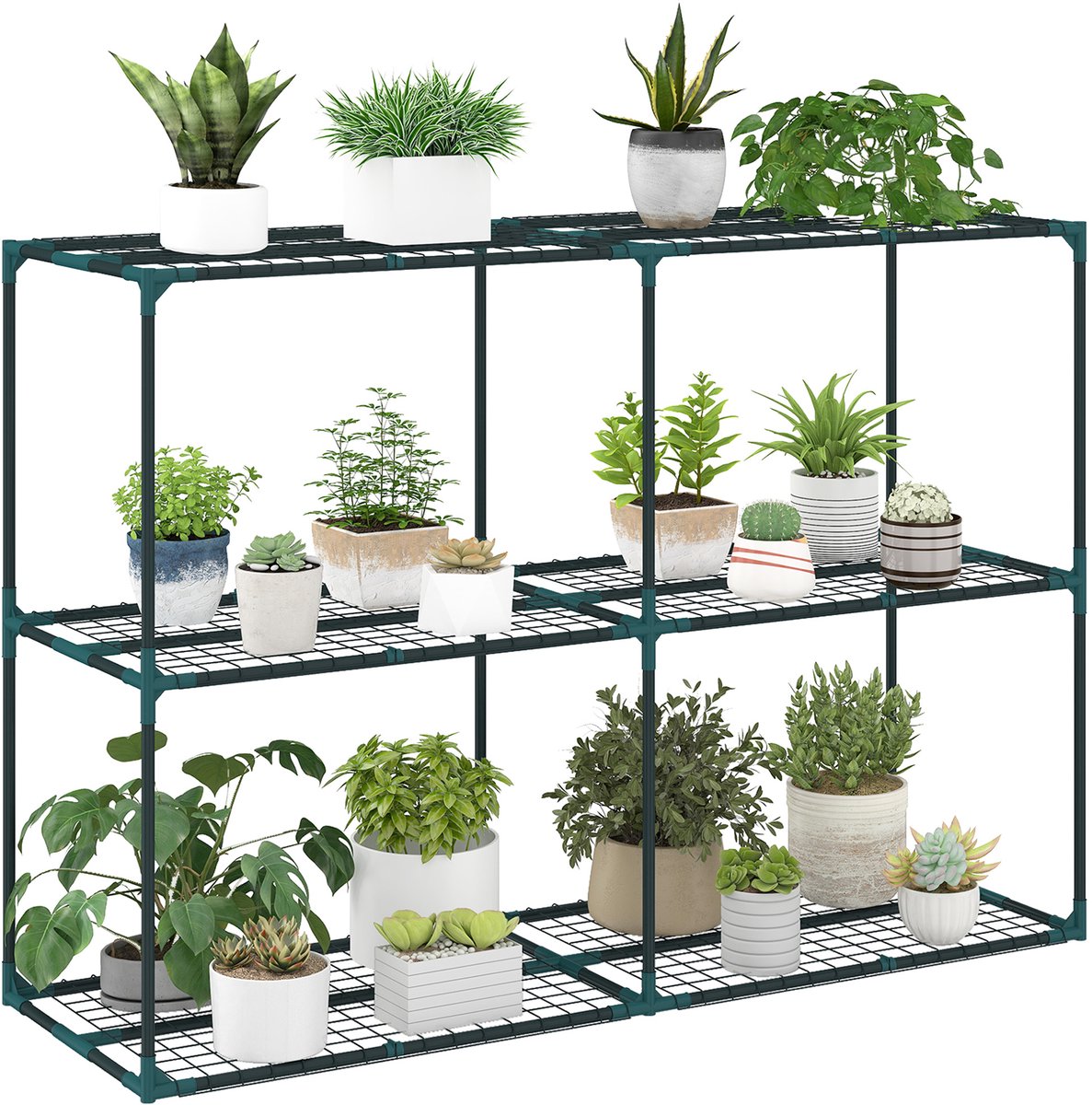 Killogood Drielaags plantenrek - 100 cm hoog - met schappen - meerlaagse stalen constructie - donkergroen.