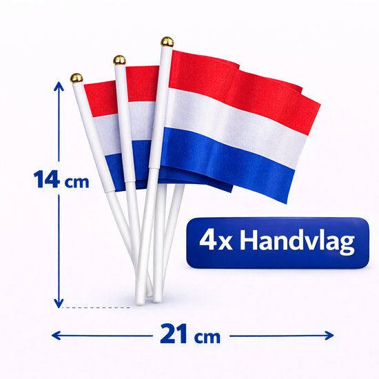 Vier kleine Nederlandse vlaggetjes van 14 cm hoog op witte stokjes met gouden puntjes.