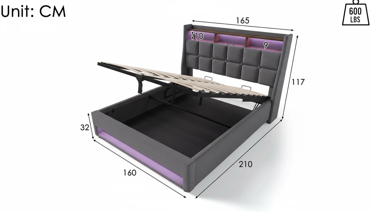Gestoffeerd Opbergbed 160x200 Casa Velluto met LED-verlichting, USB-oplaadpoort, Hoofdeinde met Opbergruimte, Hydraulisch Tweepersoonsbed met Lattenbodem, Linnen Bedframe, Modern Art Deco, Zonder Matras, Grijs