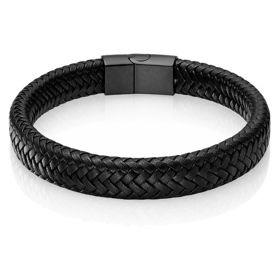 Bracelet Cuir Tressé Homme Fermoir Acier Inoxydable Noir-22cm