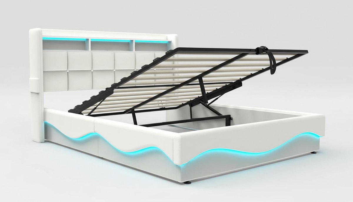 Opbergbed 160x200 met LED Verlichting, USB & Type-C Oplaadstation – Bedframe met Grote Opbergruimte, Hoofdeinde Plank, Hydraulisch Liftmechanisme – Modern Tweepersoonsbed Kunstleer Wit – Casa Velluto Aurora