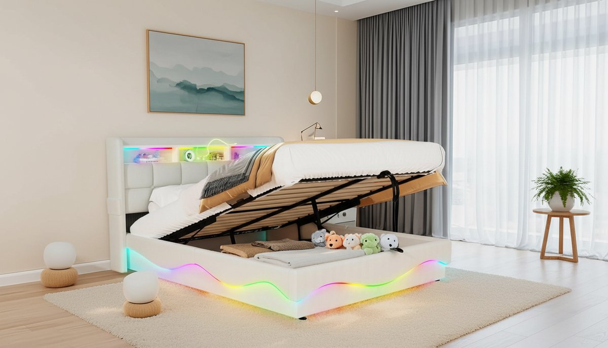 Opbergbed 160x200 met LED Verlichting, USB & Type-C Oplaadstation – Bedframe met Grote Opbergruimte, Hoofdeinde Plank, Hydraulisch Liftmechanisme – Modern Tweepersoonsbed Kunstleer Wit – Casa Velluto Aurora