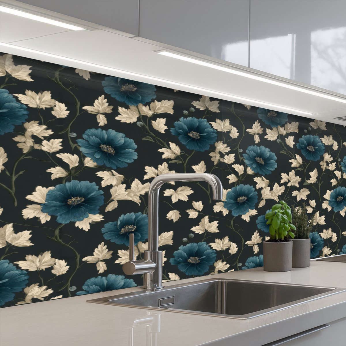 Keuken achterwand 150x60 cm - Spatscherm zelfklevend Botanisch - Bloemen - Blauw - Muurbeschermer - Spatwand fornuis