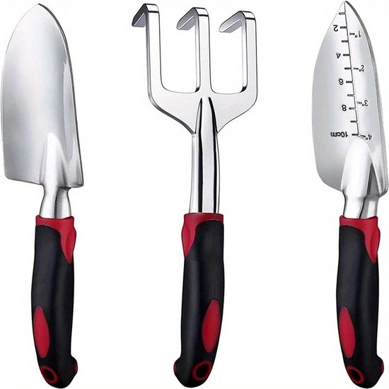 3-delige, robuuste tuingereedschapset - Gemaakt van duurzame aluminiumlegering met ergonomische, antislip handgrepen, inclusief een schop, plantenschep en hark voor gemakkelijk tuinieren.