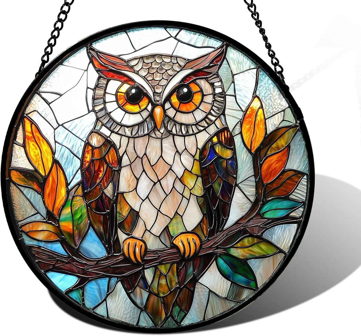 Glas-in-lood Suncatcher Uil met Kleurrijke Bladeren Decoratie - Raamhanger voor Lichtspel