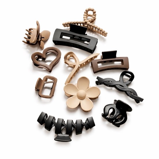 Een verzameling van 10 matte haarclips in zwart en beige, waaronder vormen als een bloem, hart, strik, vlinder en rechthoekige clips.