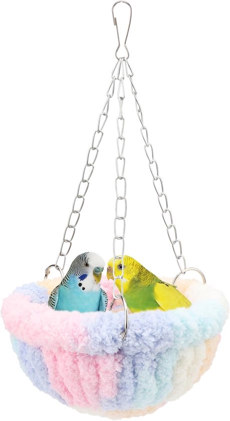 Vogelnest Hangend - Vogelbed voor Parkieten en Kleine Papegaaien - 32 cm - Met Geluidsbellen - Geschikt voor Grasparkieten Langstaartpapegaaien Valkparkieten Dwergpapegaaien en Conures - Macaronkleuren