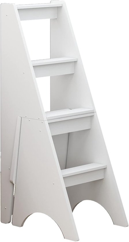 Close-up van een witte opvouwbare stoel-trap met vier treden.