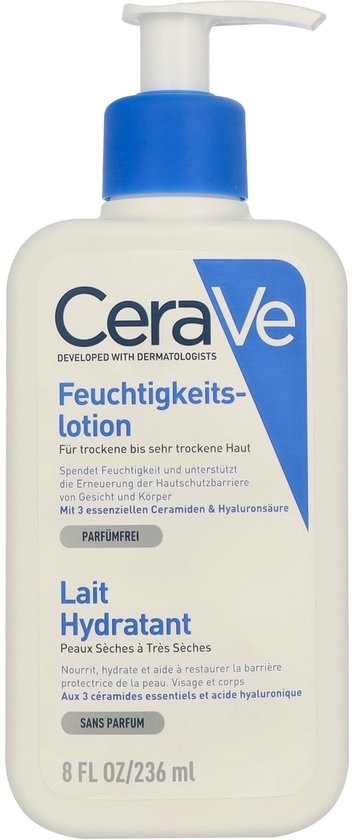 CeraVe Feuchtigkeit-Lotion, 236 ml, witte fles met blauwe pompdispenser. Met Duitse tekst.