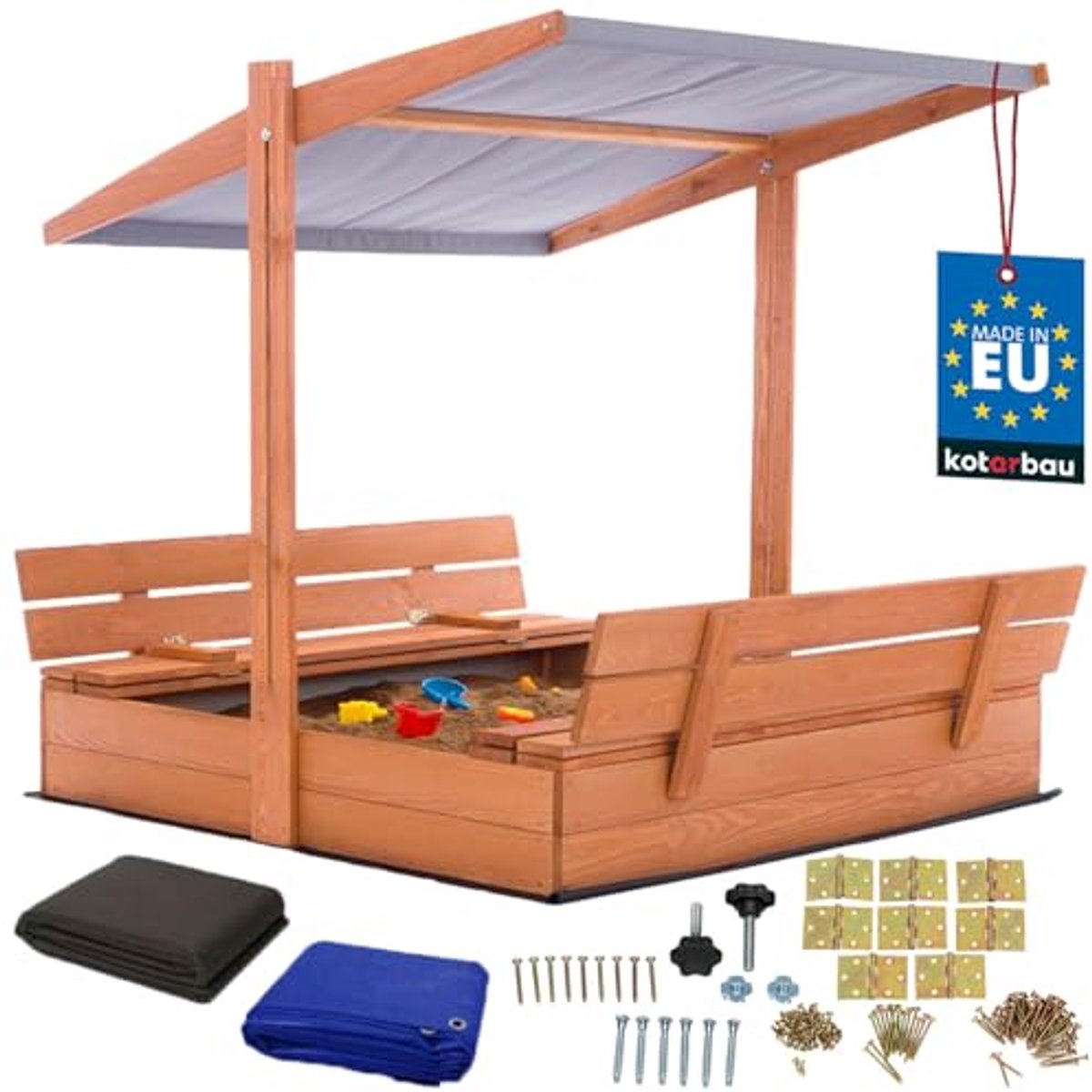 KOTARBAU® Houten Zandbak, 120 x 120 cm, Bruin, Zandbak met Bankjes, met Grijs Dak, en Grondzeil, voor Tuin, Buitenspeelgoed