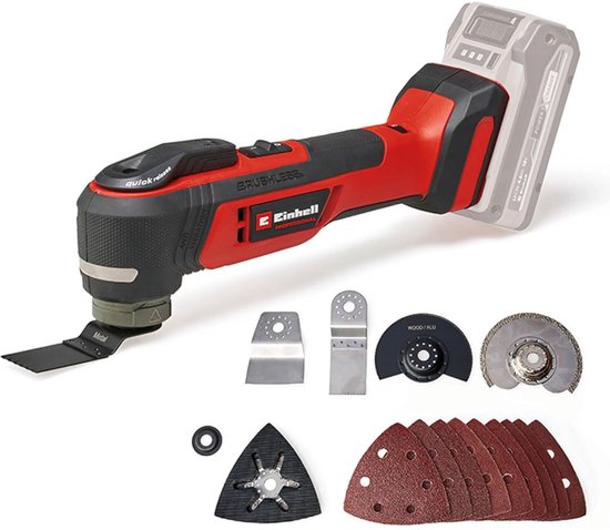 Rood-zwarte Einhell multitool met toebehoren waaronder schuurpapier en zaagbladen.
