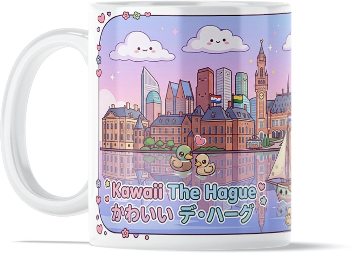 "Kawaii Series" Mok Den Haag/ The Hague Skyline & Scheveningen Pier & Vredespaleis in Japanse Anime Pastel Stijl - Schattige Koffiemok & Theemok voor Thuis & Kantoor - Uniek Cadeau voor haar: Vrouw, Vriendin, Dochter of Collega