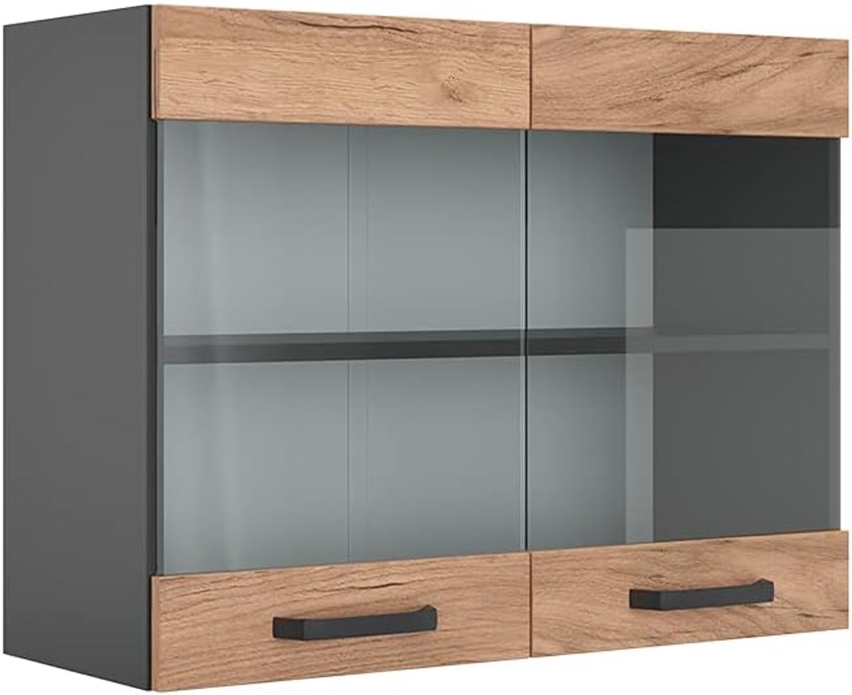 Antraciet Hangende Keukenkast 80 cm met Glas - Modulair Systeem voor Keukenopslag