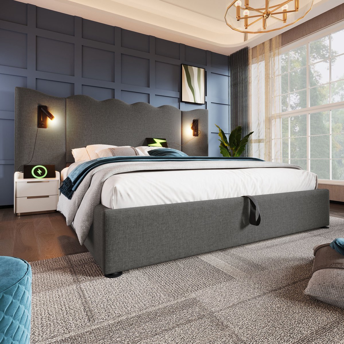MODFU Bedframe 180x200 cm – Linnen grijs – Met leeslamp, USB-C & hydraulische opbergruimte