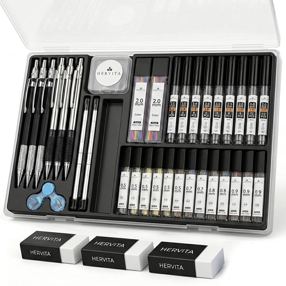 Vulpotloden XXL Set 0.5 mm + 0,7 mm + 0,9 mm + 2.0 mm - Volledig Metalen Behuizing - Incl. 800+ potloodvullingen - Mechanisch Potlood - Mechanical Pencil