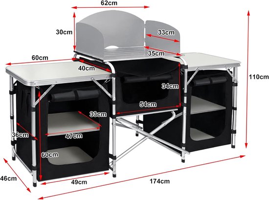 174x46x110cm Campingkeuken, Inklapbare Campingkast, Opvouwbaar Outdoor Keuken, Keukentafel met Werkbladen, Aluminium Keukenkast Set incl. Draagtas en Windscherm, NAIZY — afbeelding 2