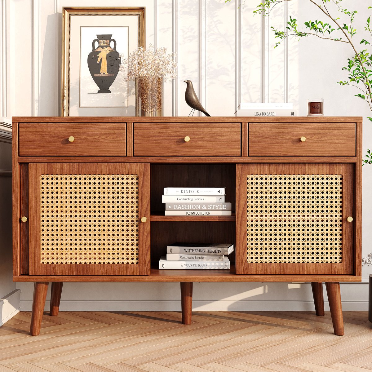 FloraGrace Dressoir - Met 3 Lades En 3 Schuifdeuren Met Rotanfront - Retro Opbergkast Voor Woonkamer En Hal - MDF Walnoot - 120x40x78 Cm