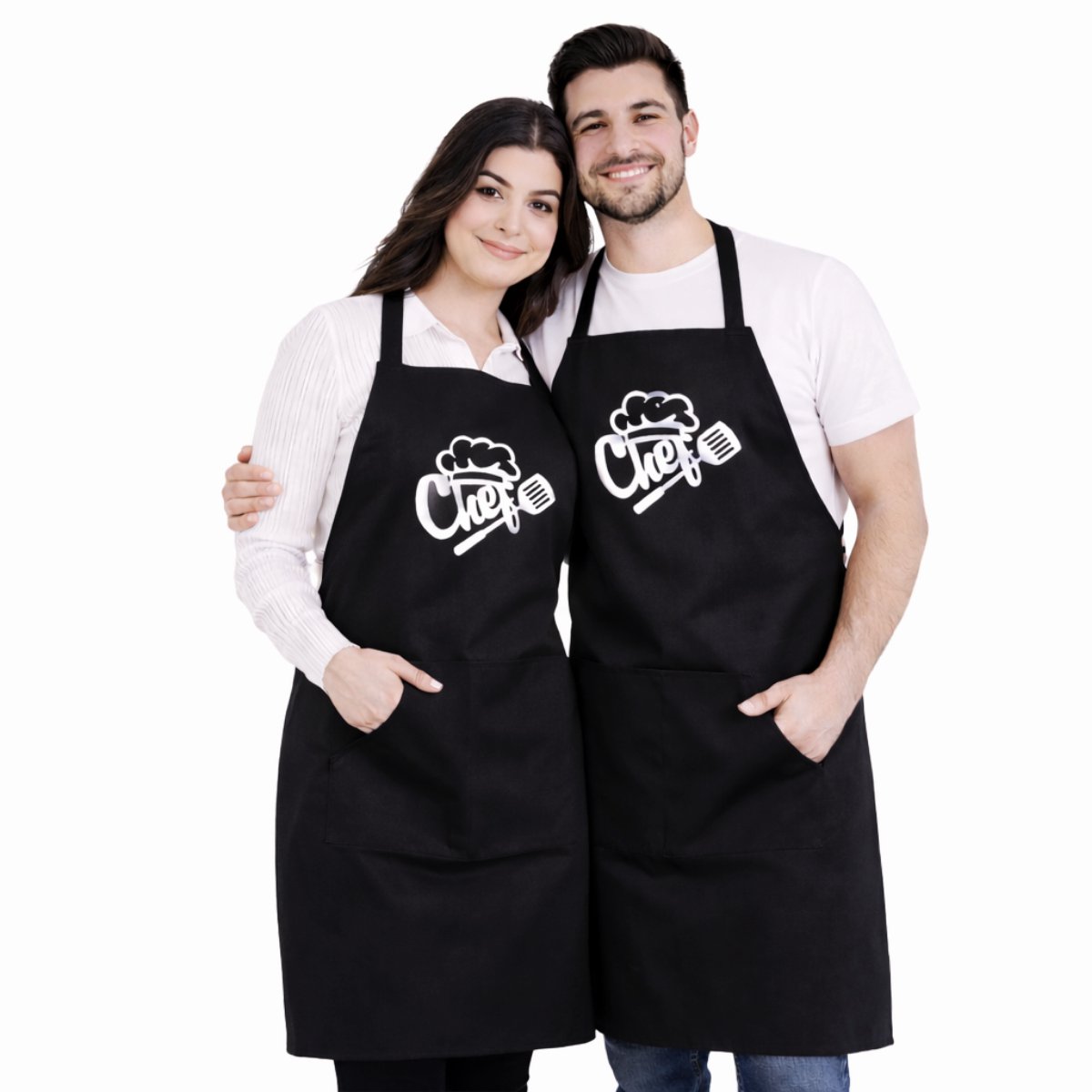 Chef Keukenschort - Set van 2 - Zwart/Zwart - 60x80 cm - Kookschort met zakken - Keukenschort dames - Keukenschort Heren - Valentijnsdag Cadeutje - BBQ
