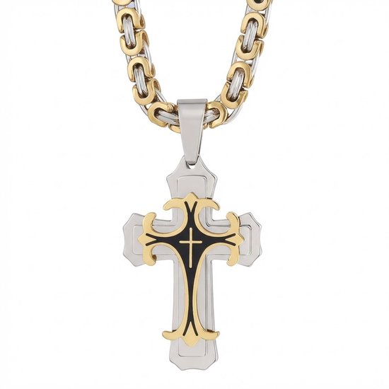 Zilverkleurige en goudkleurige schakelketting met kruishanger.