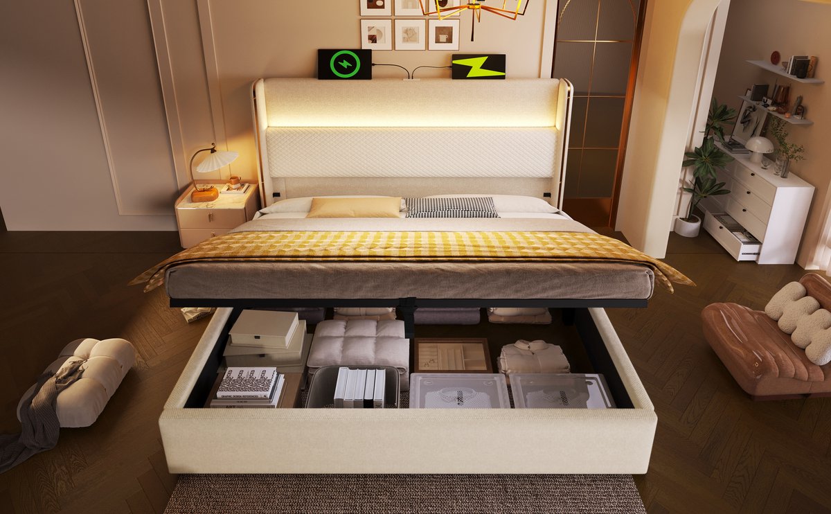 Wishdor Opbergbed 160x200 cm – Hoog Hoofdbord & LED/App – USB/Type-C & Hydraulische Lift – Linnen Beige – Hoog Hoofdbord met Sfeer