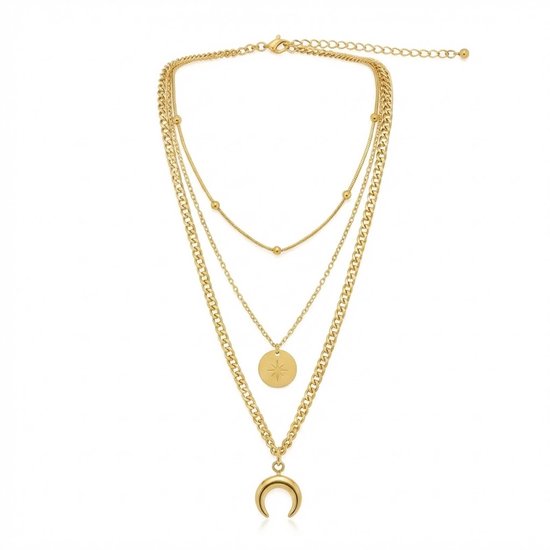 Gouden laagjesketting met ronde hanger met ster en maanvormige sluiting.