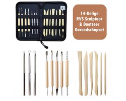 14‑delige Boetseerspatels - modelleer‑ en sculptuur set – boetseer- en beeldhouwpakket - modelleertools met houten handvat en RVS – incl. etui - duurzame tools