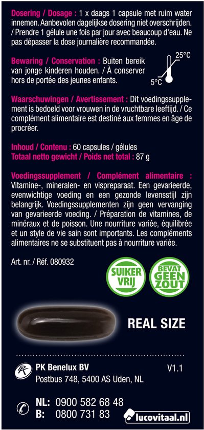 Achterkant van de verpakking van Lucovitaal Vruchtbaarheid Support Vrouw, met dosering, bewaren en ingrediënten.