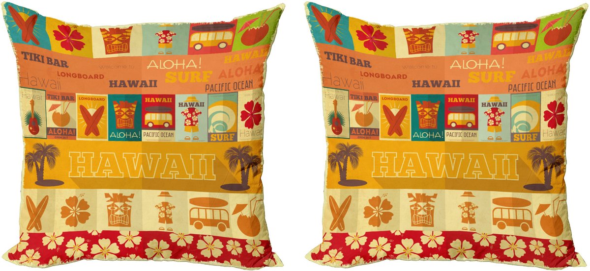 ABAKUHAUS Tiki Bar Decoratieve Kussenhoes, Set van 2, Oude Reiskaart 45x45 cm, Oranje, Geel, Rood