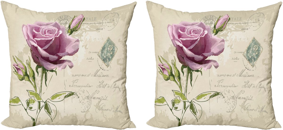 ABAKUHAUS Rozen Decoratieve Kussenhoes, Set van 2, Vintage Delicaat, 50x50 cm, Beige Lichtroze Groen