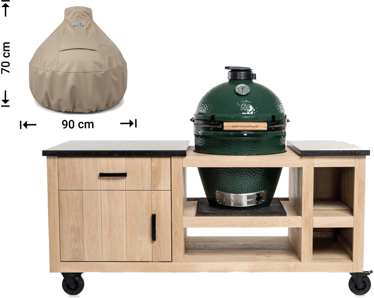 Raffles Covers Big Green Egg / Kamado hoes - 90 x 90 H: 70 cm - RBGE90dome - Waterdicht - Ademend - UV-bestendig - Elastisch rijgkoord - Big Green Egg / Kamado Accessoires - Hoes voor BBQ + Tafel Taupe