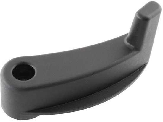 Poignée intérieure de porte arrière noire, courbée, avec un trou rond pour la fixation.