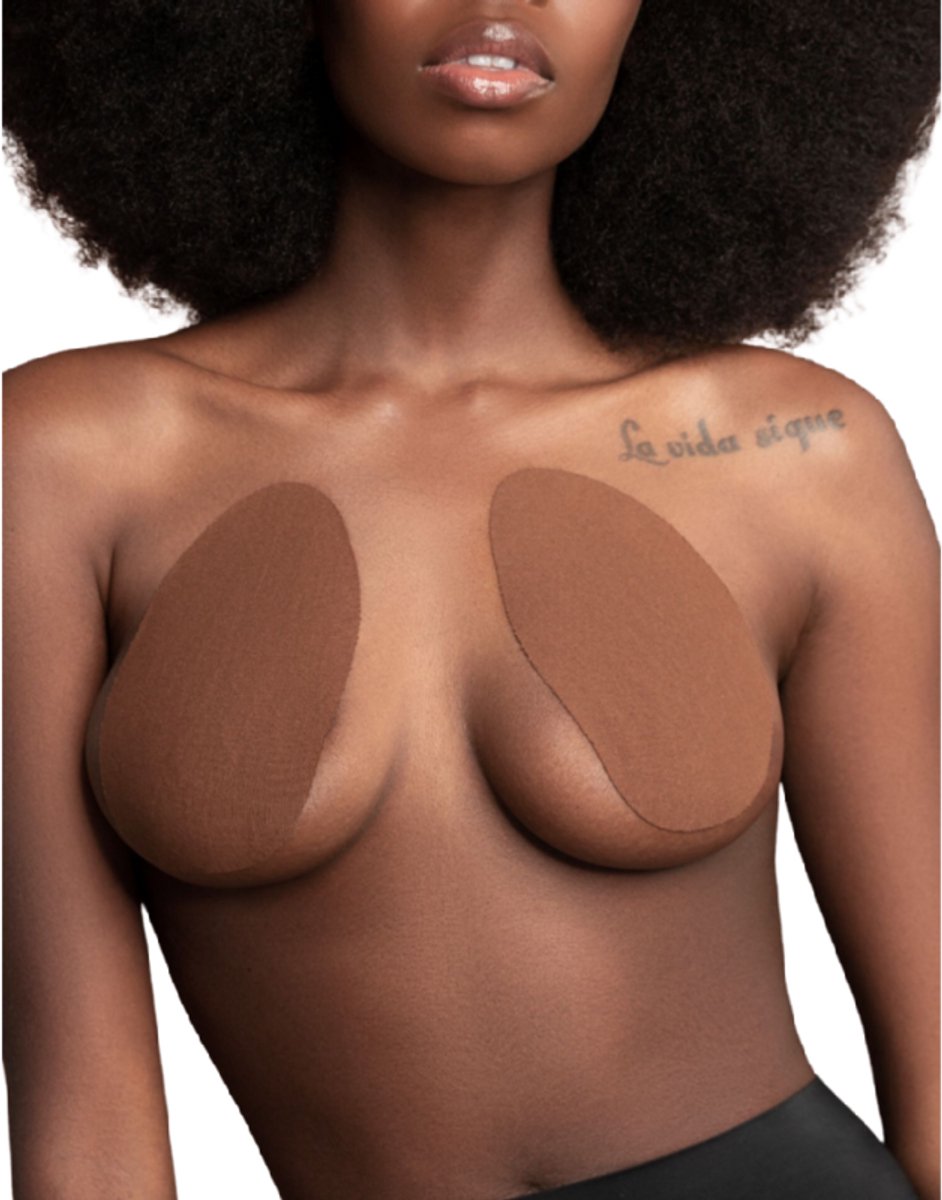 Bye Bra Borstlift Pads, Plak BH + Satijnen nippel cover, Donker Bruin Cupmaat D, E, F
