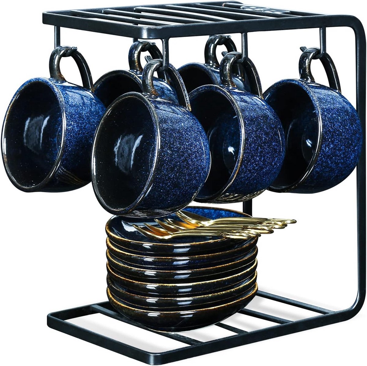 Set van 6 Keramische Espresso Kopjes met Schotels, Lepels en Metalen Standaard