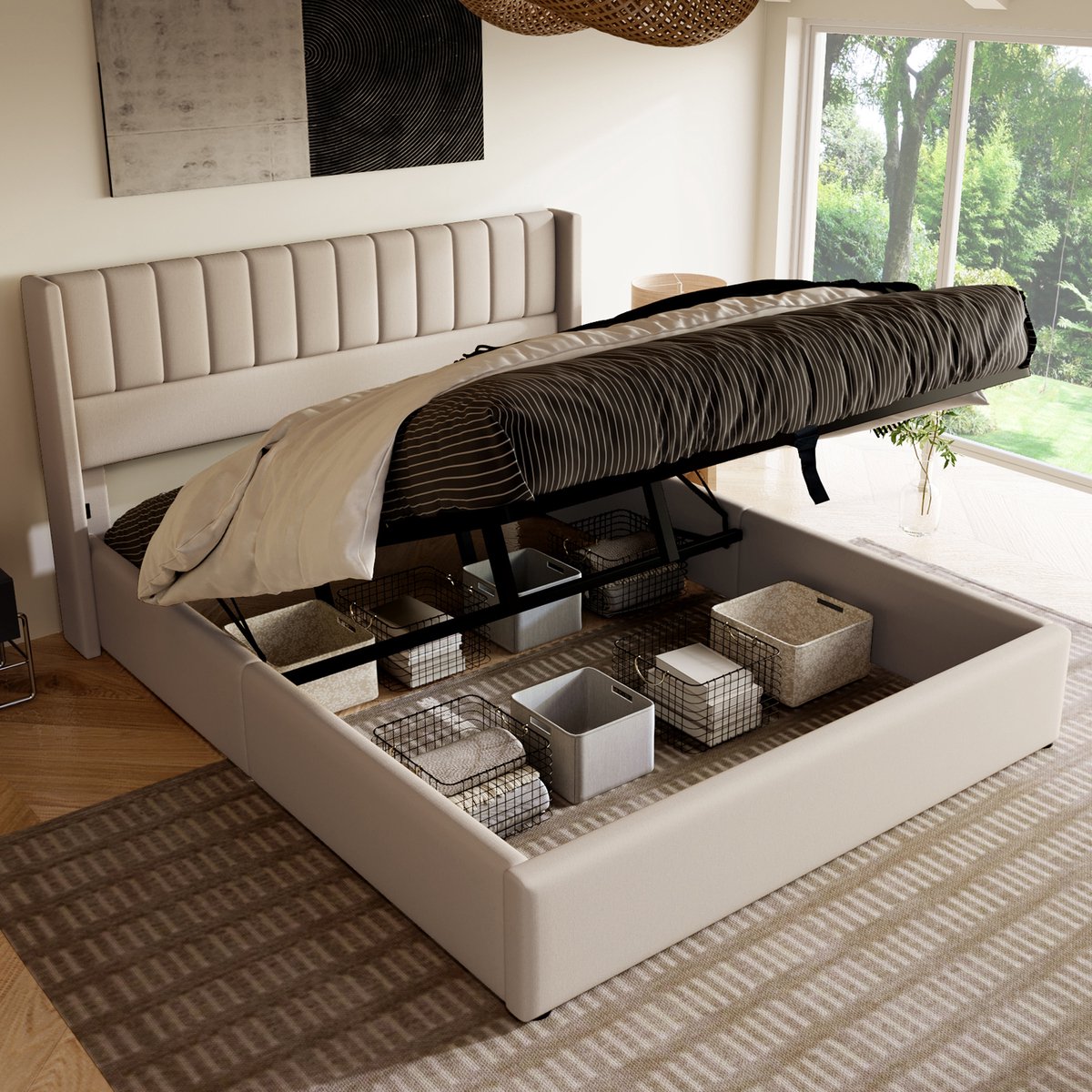Wishdor Luxe Opbergbed 160x200 cm - Wingback Hoofdbord met Oren - Hydraulische Lift - Linnen Beige - Tweepersoonsbed