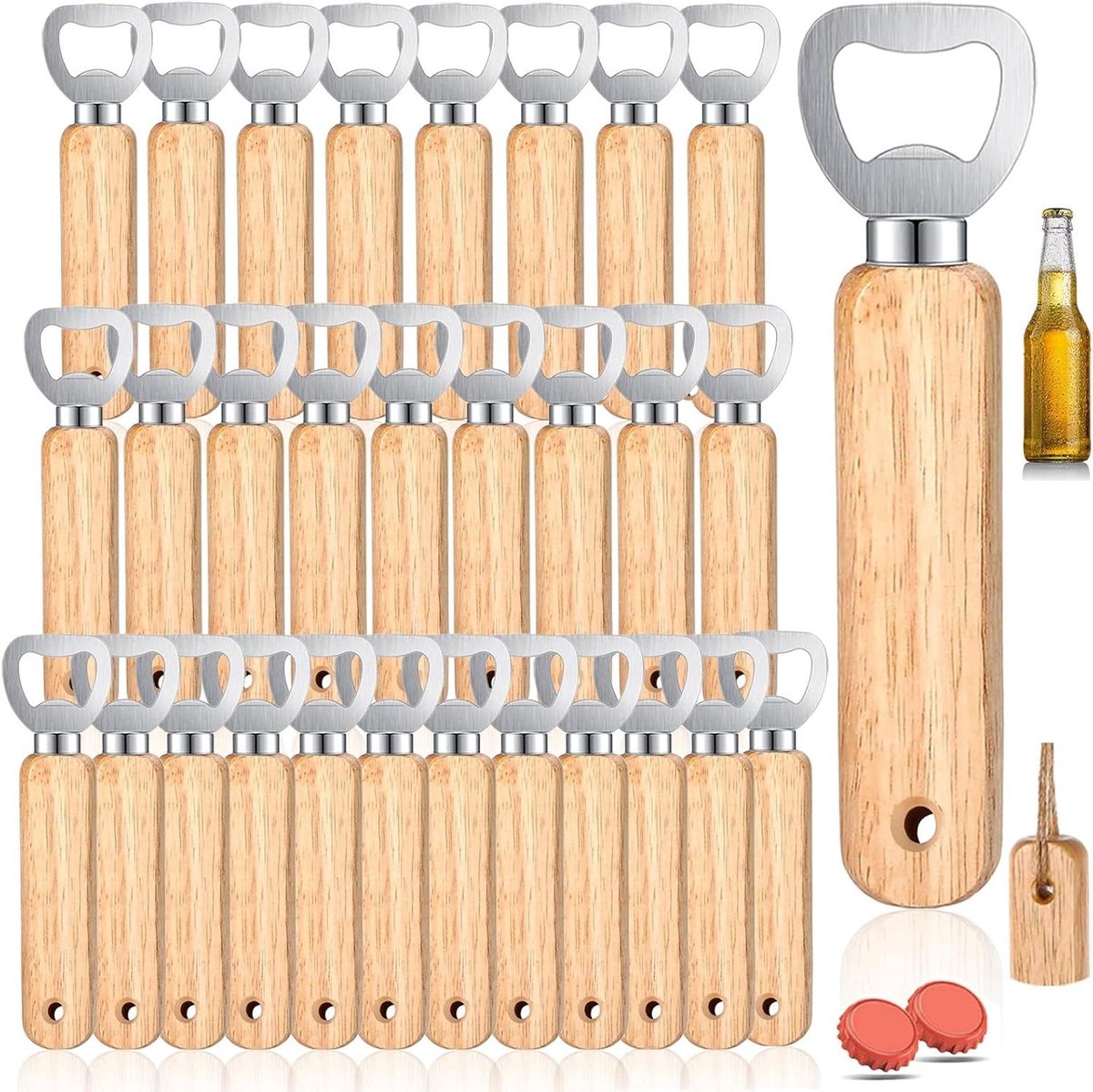 30 stuks houten bierflesopeners met handvat voor thuis, keuken en bar
