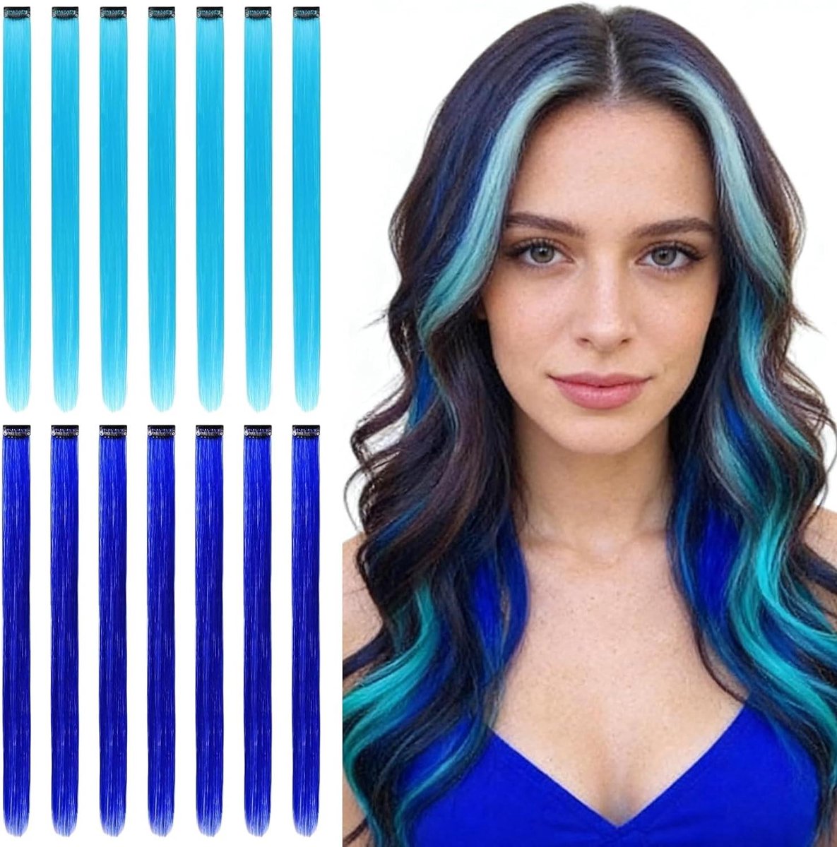 Haarstrengen om vast te klikken voor glad haar - Blauw en saffierblauw - 14 stuks