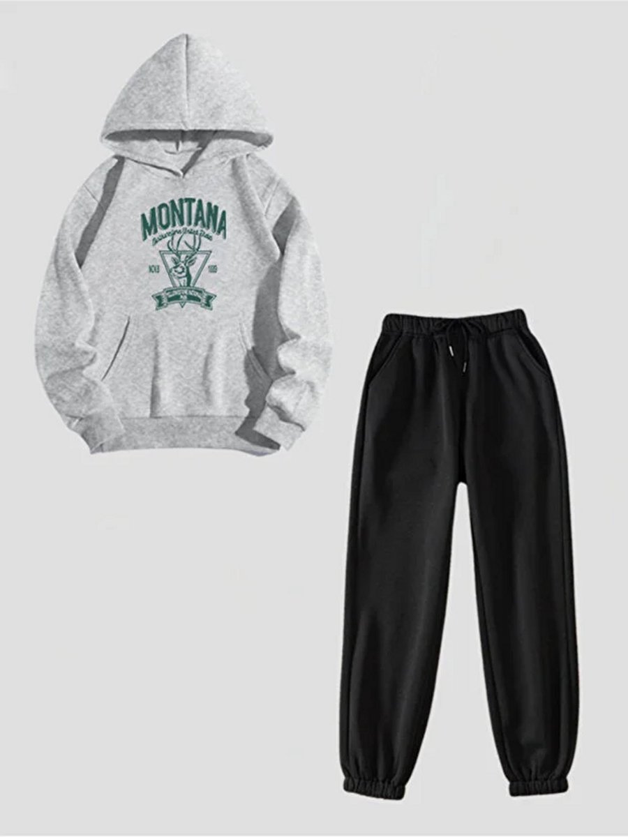 Trendy Montana Hoodie en Comfortabele Grijs Zwarte Joggingbroek Set voor Stijlvolle Casual Dagen en Sportieve Uitstraling - 2XL-3XL