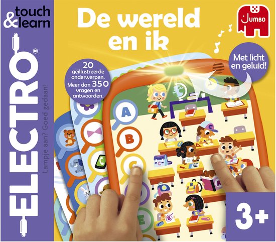 Een oranje Electro tablet en vijf spelbladen met diverse kinderlijke illustraties.