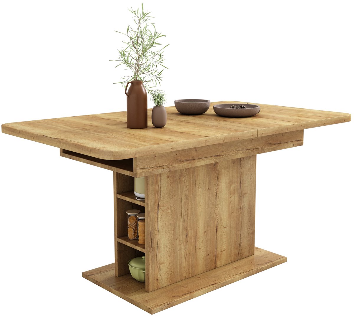 Merax - Uitschuifbare Eettafel Met Opbergruimte - Rechthoekige Keukentafel - 110 Tot 130 X 70 X 75 Cm - Houtkleur - Spaanplaat Met Metalen Versteviging