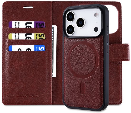 Bruin kunstleren bookcase hoesje voor iPhone, met kaarthouders en magnetische uitneembare hoes.